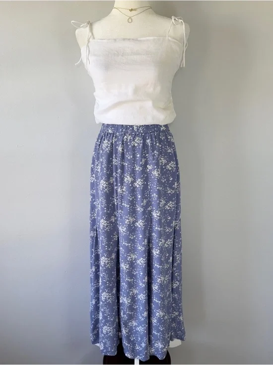 Uniqlo Floral Maxi Skirt Blue White Ditsy Print Elastic Waist Size Small - Picture 3 of 10